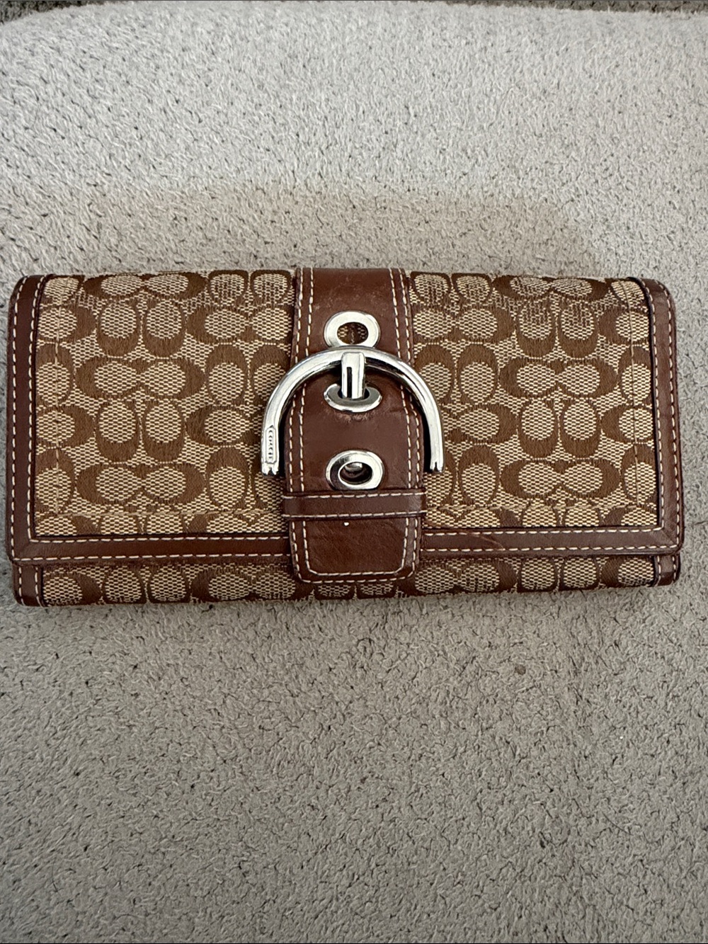 Coach Brown Signature Canvas Wallet with Silver Buckle